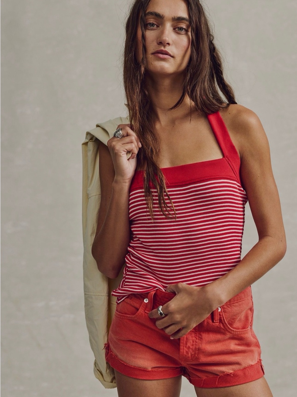 Free People  Red & White Striped Square-Neck Tank